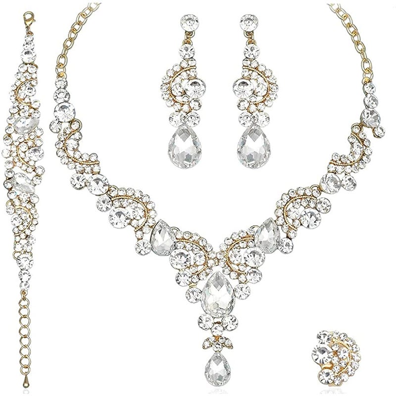 CSY 4 Pcs/Sets Elegant Crystal Necklace Earrings Bracelet Ring Bridal Wedding Costume Jewelry Sets for Brides Women Gifts (Gold Plated-White) - Image 1